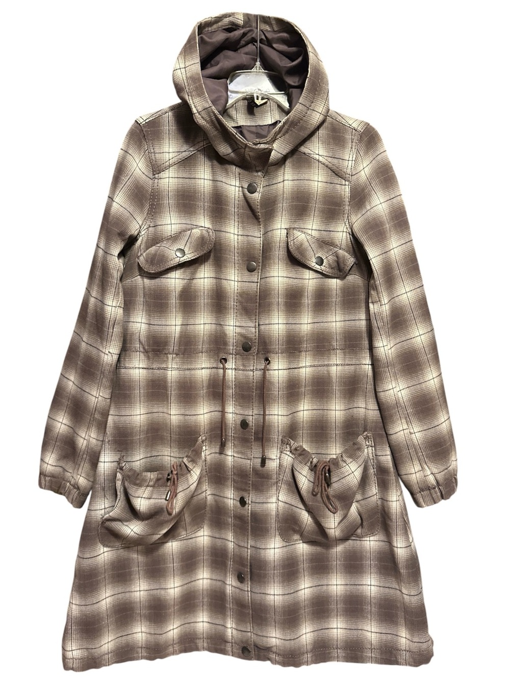 Divided Plaid Hooded Jacket in Brown SZ 10
